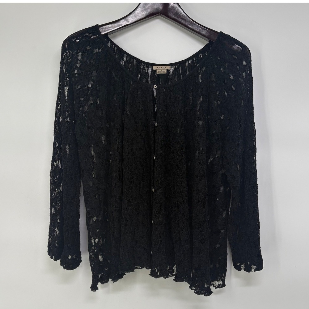 Anama‎ Black Sheer Lace Cardigan Long Sleeve Button Front Scoop Neck Womens L